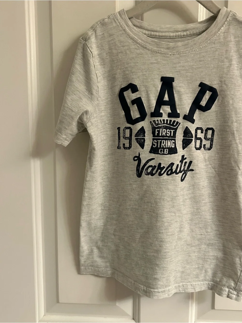 Boys GAP Light Gray Tee with Navy Varsity Logo